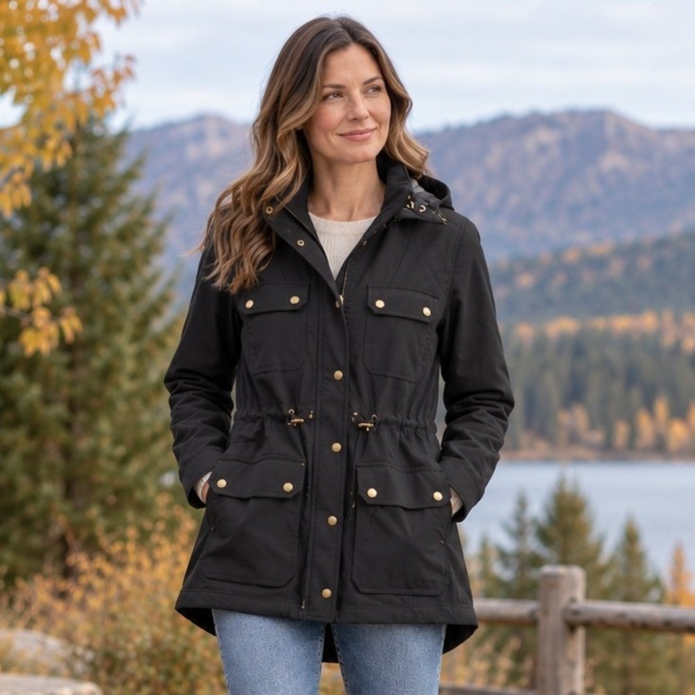 L.L. Bean Womens Boundless Softshell Utility Jacket M Black Hooded Field Coat